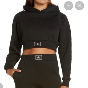 ALO Yoga Quilted Cropped Black Arena Hoodie